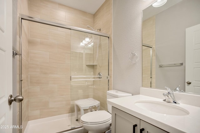 3523 W Rhapsody Dr, Sierra Vista, AZ 85650 - full bathroom with toilet, a textured wall, a shower stall, and vanity