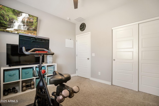3523 W Rhapsody Dr, Sierra Vista, AZ 85650 - workout area with ceiling fan, baseboards, and carpet