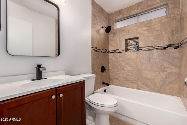 full bath with toilet, vanity, bathtub / shower combination, and tile patterned flooring