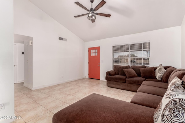 living room featuring a ceiling fan, high vaulted ceiling, light tile patterned floors, and baseboards