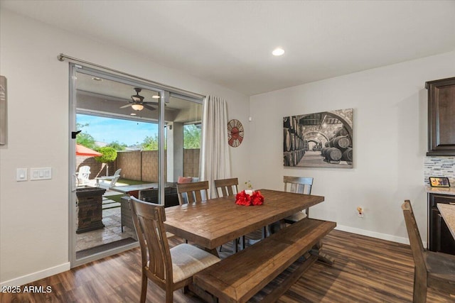 dining area with baseboards, dark wood-style floors, recessed lighting, and ceiling fan