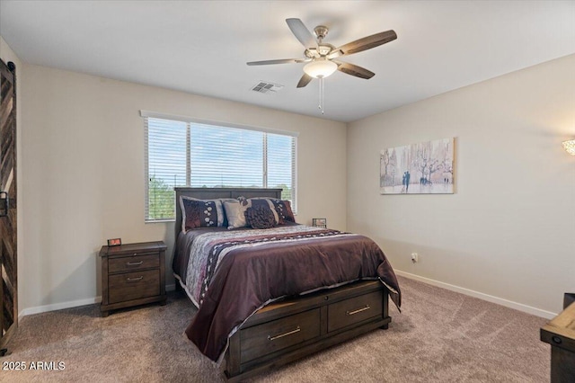 carpeted bedroom with baseboards and a ceiling fan