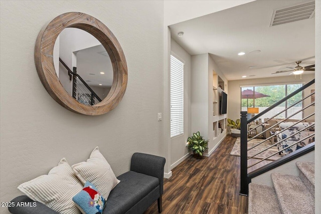 entrance foyer featuring wood finished floors, baseboards, recessed lighting, ceiling fan, and stairway