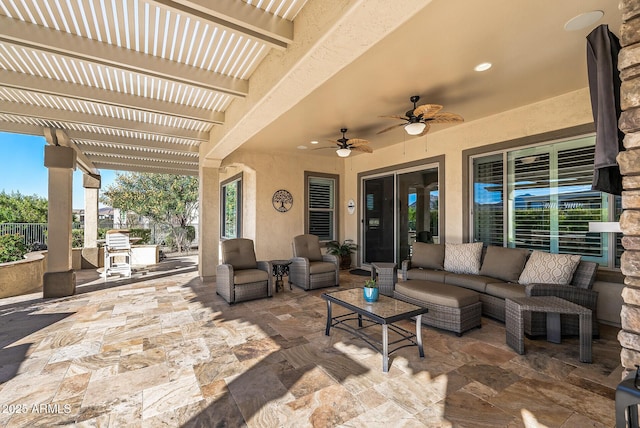 view of patio with a pergola, ceiling fan, and an outdoor hangout area