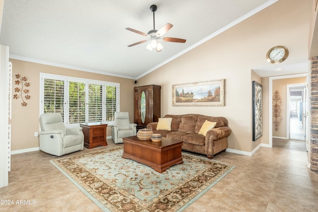 living room featuring a textured ceiling, high vaulted ceiling, ceiling fan, and crown molding