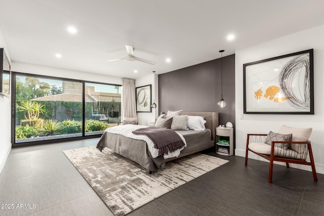 bedroom featuring recessed lighting, baseboards, and a ceiling fan