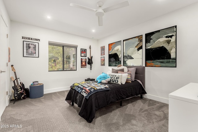 bedroom featuring carpet floors, recessed lighting, baseboards, and a ceiling fan
