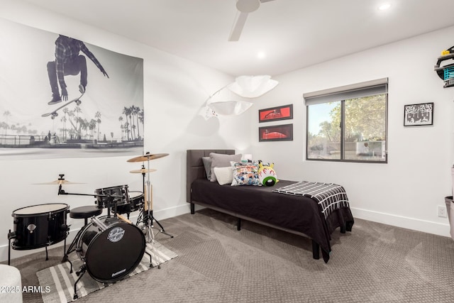 bedroom with carpet, baseboards, and recessed lighting
