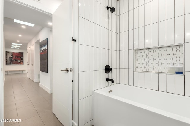 full bathroom featuring tile patterned flooring, a shower, a tub, recessed lighting, and baseboards