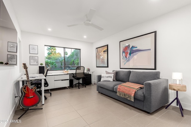 living room with an office area, a ceiling fan, recessed lighting, baseboards, and light tile patterned flooring