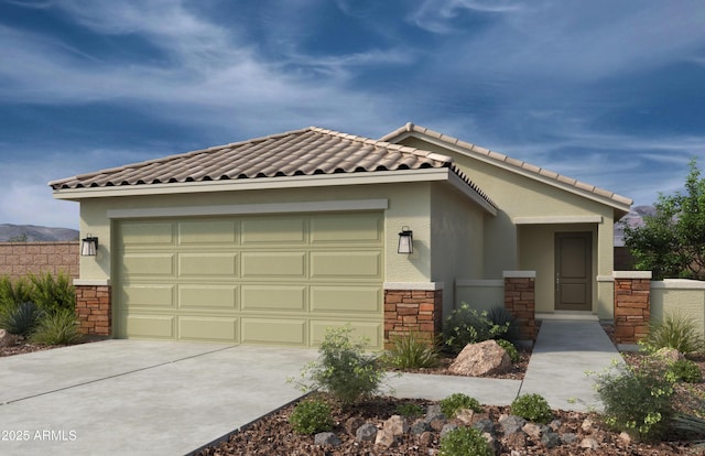 view of front of home with stucco siding, an attached garage, stone siding, driveway, and a tiled roof