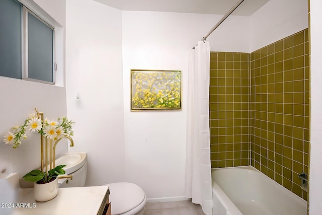 full bathroom with tile patterned floors, vanity, toilet, and shower / bath combination with curtain