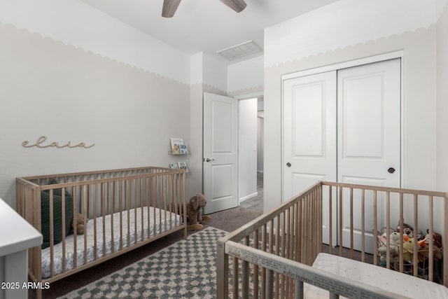 9418 W Minnezona Ave, Phoenix, AZ 85037 - bedroom featuring carpet, a closet, and a ceiling fan