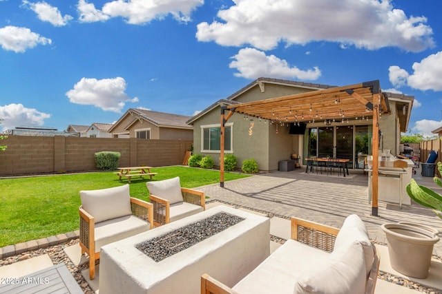 9418 W Minnezona Ave, Phoenix, AZ 85037 - view of patio featuring a pergola, an outdoor living space with a fire pit, and outdoor dining space
