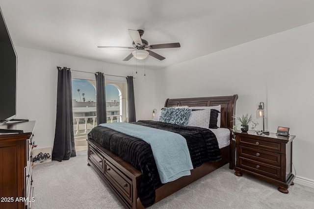 bedroom featuring light carpet and ceiling fan