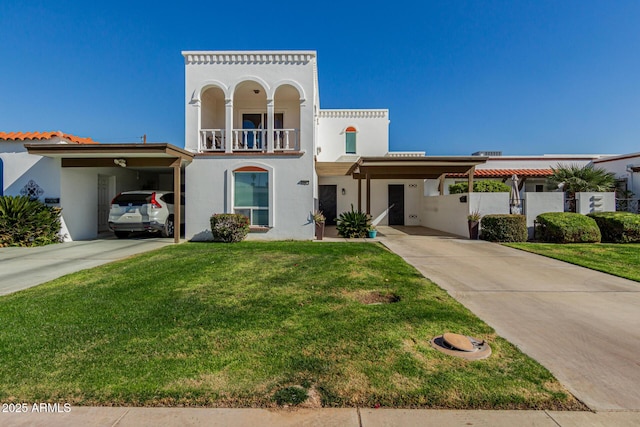 mediterranean / spanish house with a front yard, a carport, and a balcony