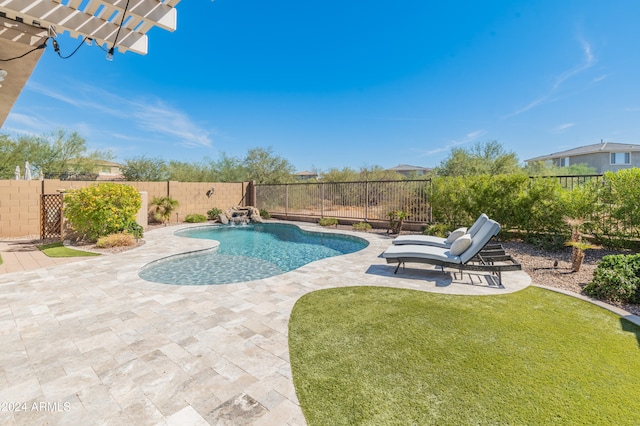 view of pool with a patio and a yard