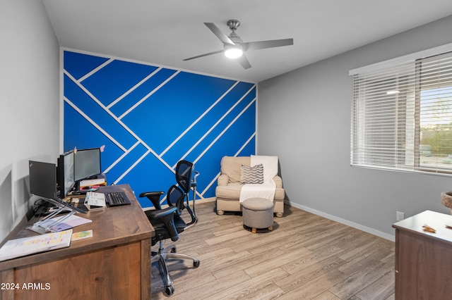 office space with ceiling fan and wood-type flooring