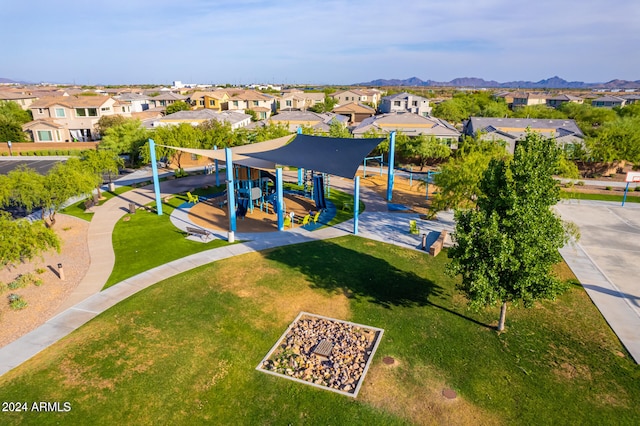 drone / aerial view featuring a mountain view