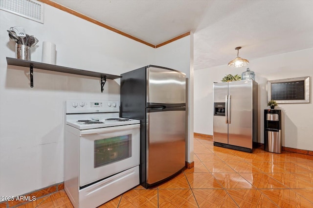 kitchen with white electric stove, stainless steel refrigerator with ice dispenser, visible vents, freestanding refrigerator, and baseboards