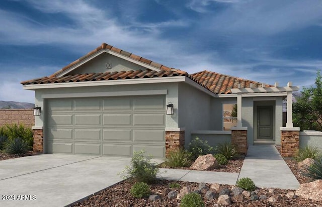 view of front of property featuring a garage, a tiled roof, driveway, and stucco siding