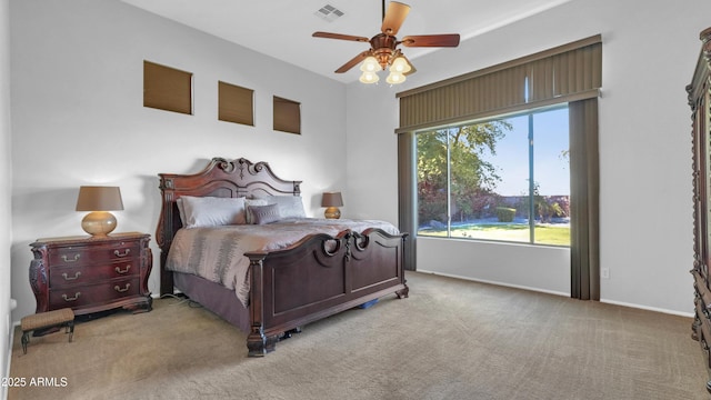 4276 E Meadowview Dr, Gilbert, AZ 85298 - bedroom with baseboards, light carpet, a ceiling fan, and visible vents
