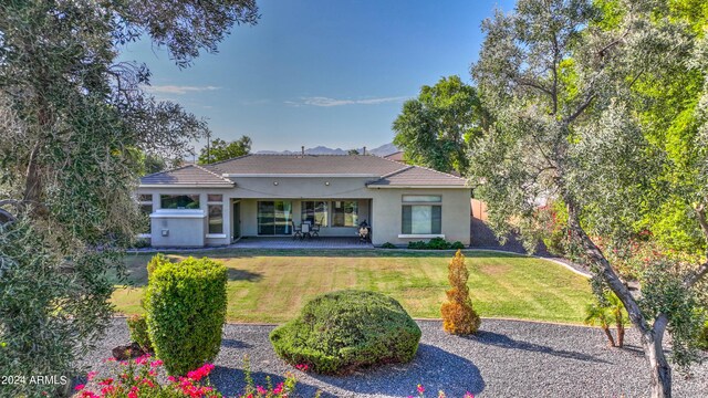 rear view of property featuring a patio area and a lawn