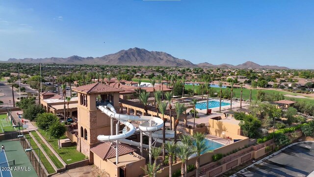 drone / aerial view featuring a mountain view