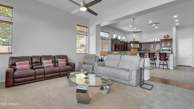 4276 E Meadowview Dr, Gilbert, AZ 85298 - living area with recessed lighting, ceiling fan, and light tile patterned floors