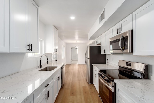 kitchen with visible vents, stainless steel appliances, a sink, and white cabinetry