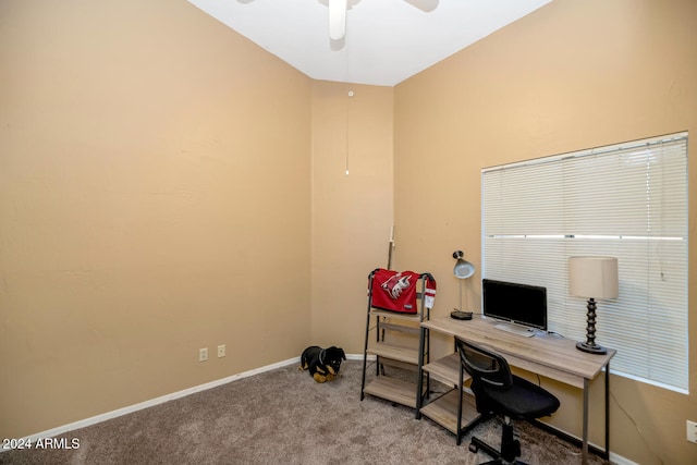 home office with carpet floors and ceiling fan