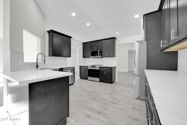 kitchen with backsplash, sink, light wood-type flooring, appliances with stainless steel finishes, and kitchen peninsula