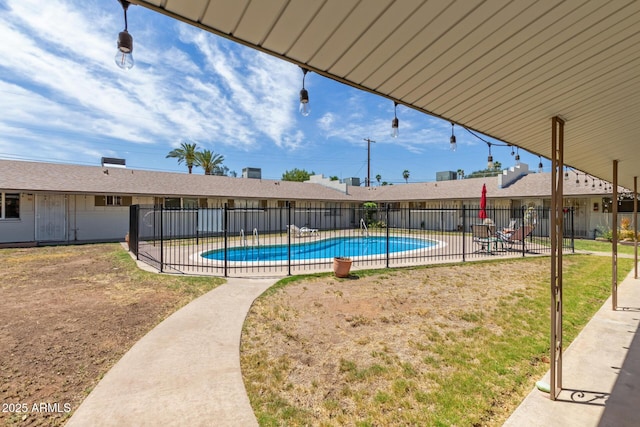 view of swimming pool with a fenced in pool, a patio area, and fence