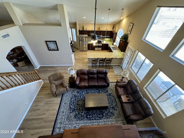 living room with a towering ceiling and wood-type flooring