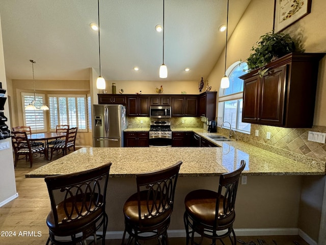 kitchen featuring sink, hanging light fixtures, stainless steel appliances, backsplash, and dark brown cabinets