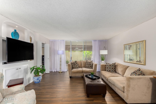 living room with dark hardwood / wood-style flooring and a textured ceiling