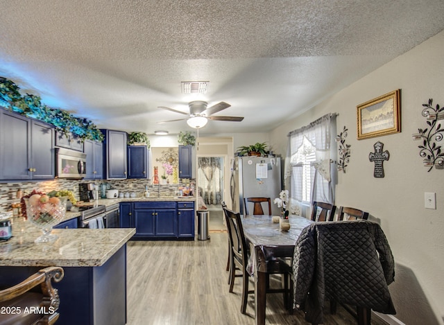 kitchen featuring light hardwood / wood-style floors, appliances with stainless steel finishes, blue cabinetry, kitchen peninsula, and tasteful backsplash