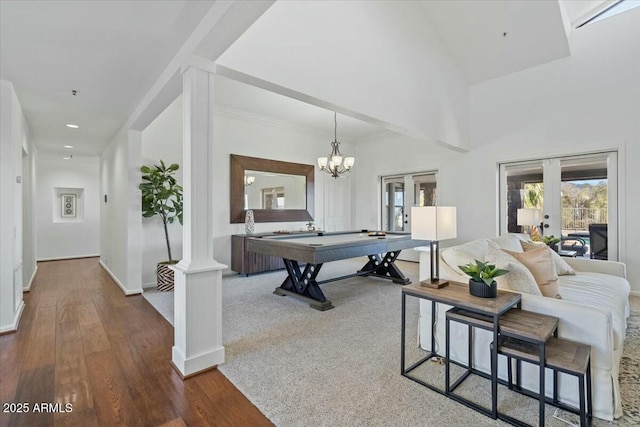 playroom with french doors, pool table, ornate columns, and hardwood / wood-style flooring