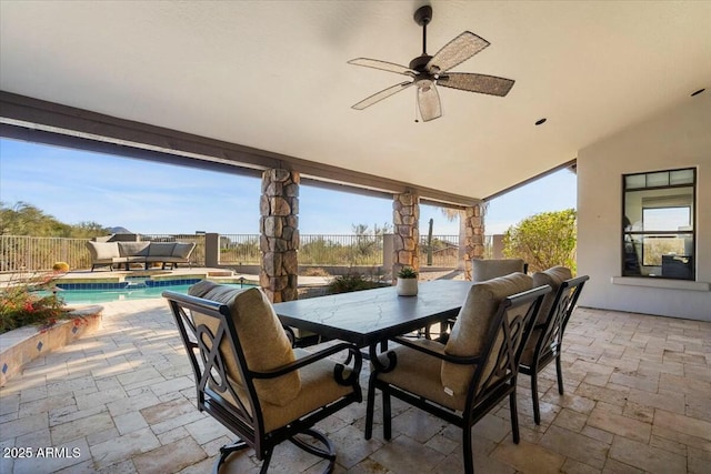 view of patio / terrace with ceiling fan, an outdoor hangout area, and a fenced in pool