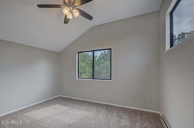 carpeted spare room featuring ceiling fan, lofted ceiling, and baseboard heating