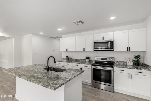 kitchen with a sink, stainless steel appliances, stone counters, white cabinetry, and visible vents