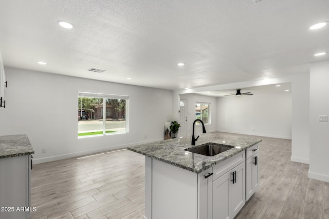 kitchen with visible vents, recessed lighting, a sink, open floor plan, and light wood finished floors