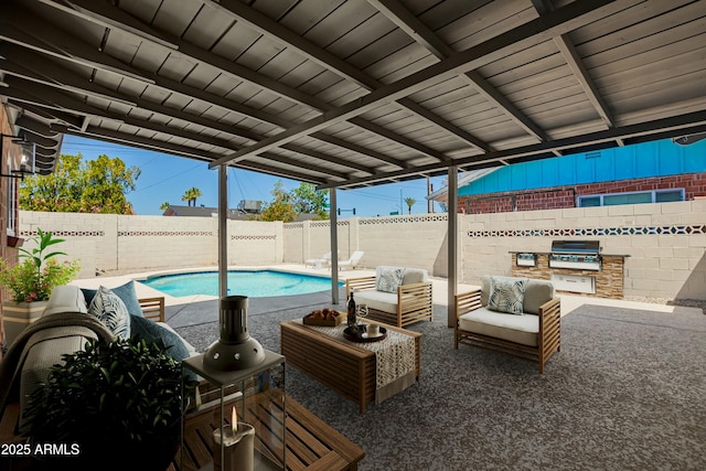 view of swimming pool featuring a patio area, outdoor lounge area, a fenced backyard, a fenced in pool, and area for grilling