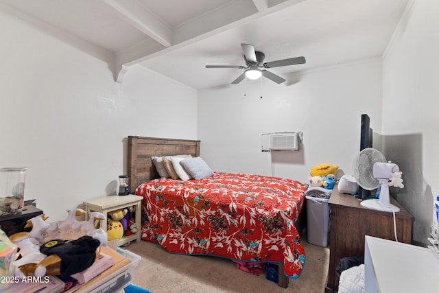 bedroom featuring carpet flooring, ornamental molding, a wall unit AC, ceiling fan, and beam ceiling