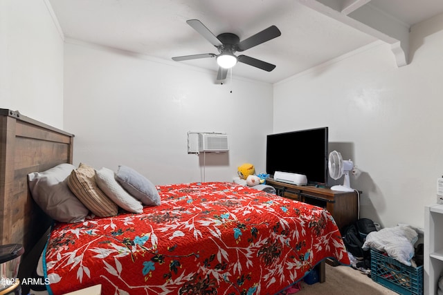 bedroom featuring carpet flooring, ceiling fan, and ornamental molding