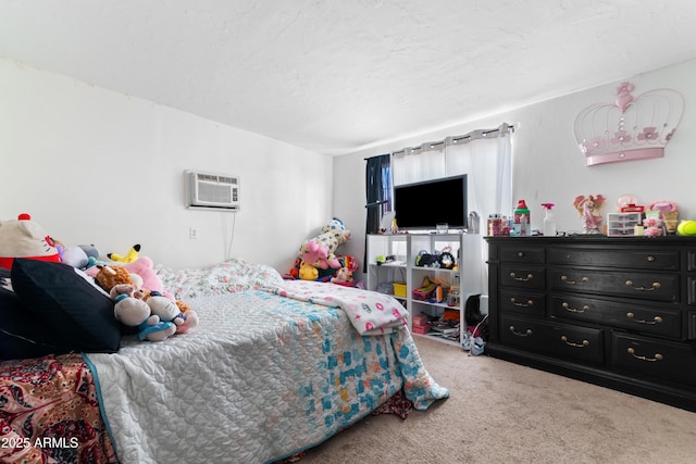 bedroom featuring carpet flooring and an AC wall unit