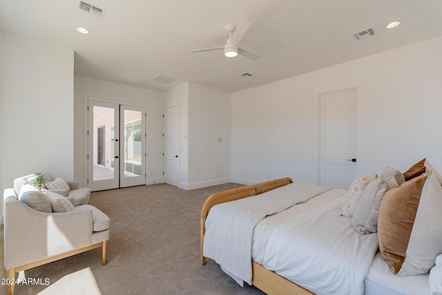 carpeted bedroom with access to outside, french doors, and ceiling fan