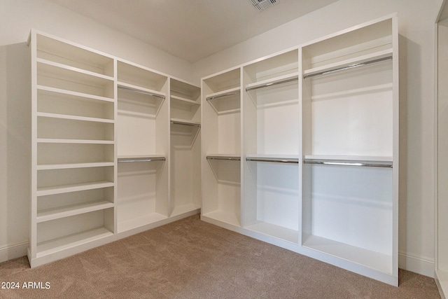 walk in closet featuring light carpet