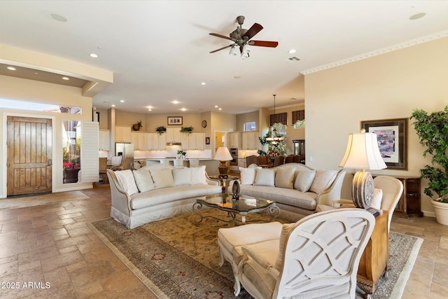 living room featuring ceiling fan