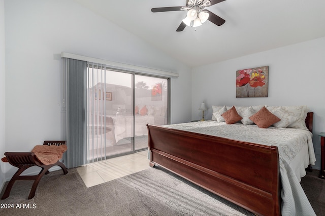 bedroom with access to outside, ceiling fan, light colored carpet, and lofted ceiling